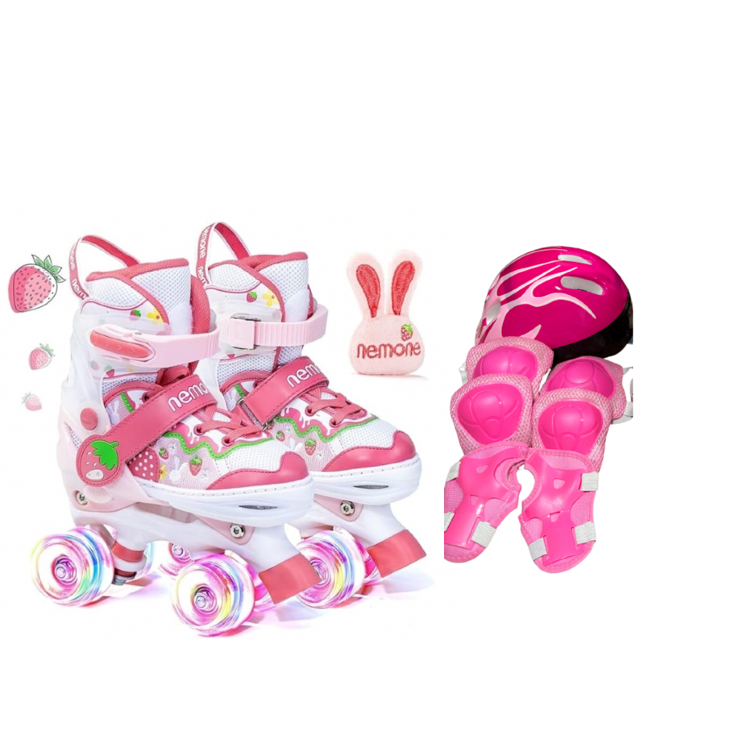 Patins infantil ajustável quad 4 rodas led + kit proteção -lindo em Oferta na Shopee
