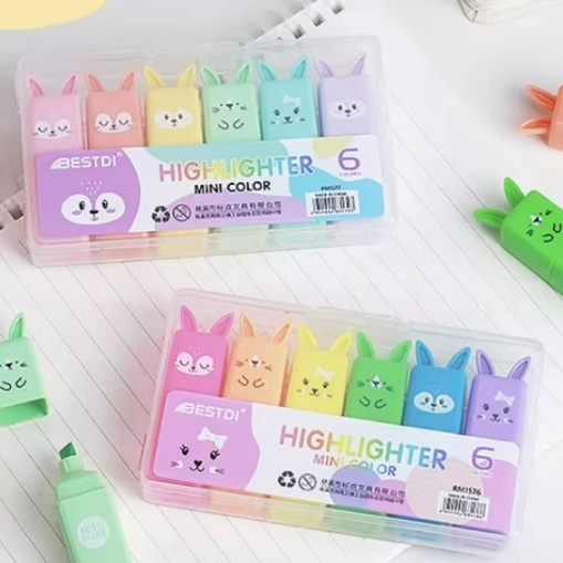 6 Cores Marca Texto Pasteis ou Fluorescente cor Modelo Coelho Emogis BESTDI RM1577 Highlighter
