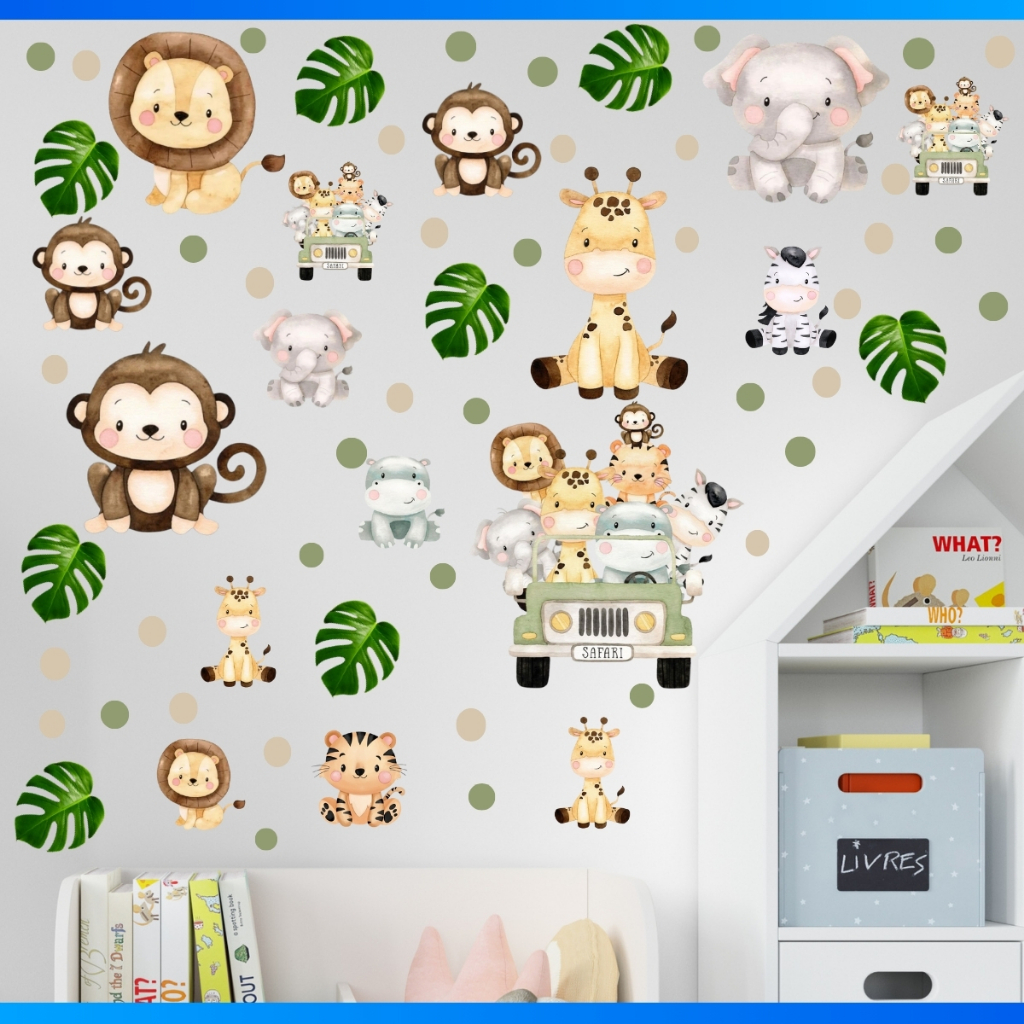 Kit de 44 Adesivos Recorte Animais Safari + Bolinhas - Papel de Parede Infantil em Oferta na Shopee