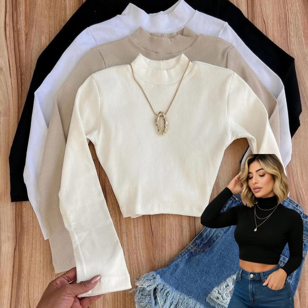 Kit 3 Cropped Feminino Canelado Gola Alta Manga Longa Cacharrel Básico e Estiloso Tecido Premium