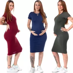 Vestido Midi Liso Canelado Gestante Maternidade Confortável Moderno Casual Social Longuete Slim Moda Evangélica Grávida