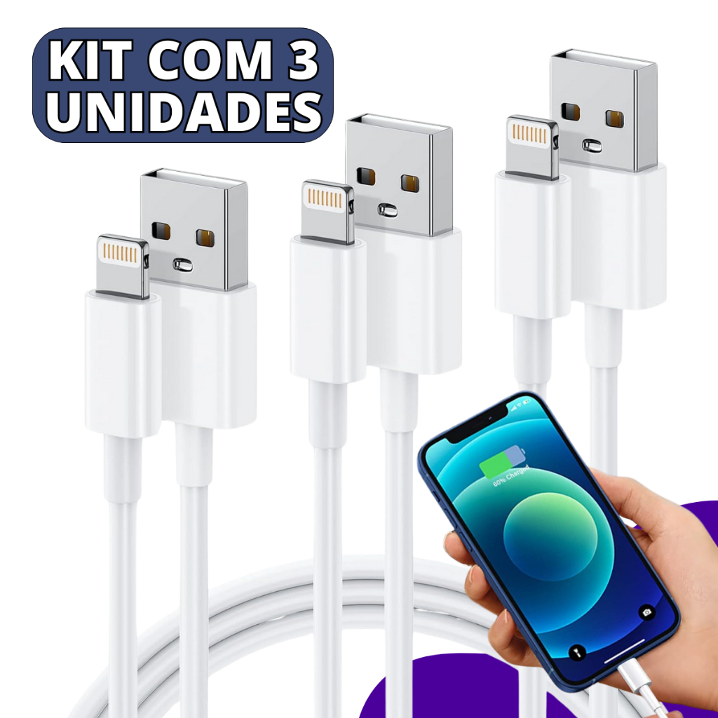 Kit 3 Cabos Turbo Compatível Com Iphone Carregador Usb 1 Metro em Oferta na Shopee