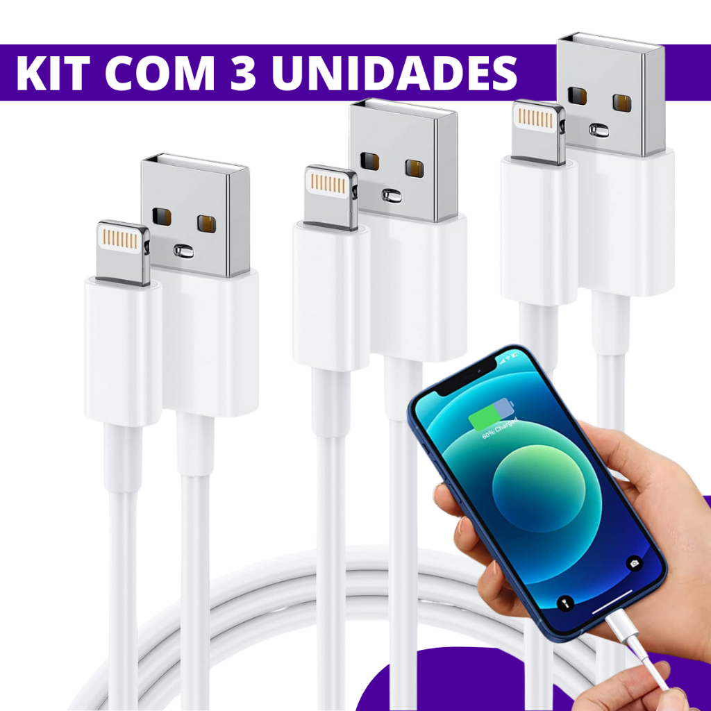 Kit 3 Cabos Turbo Compatível Com Iphone Carregador 1 Metro Usb