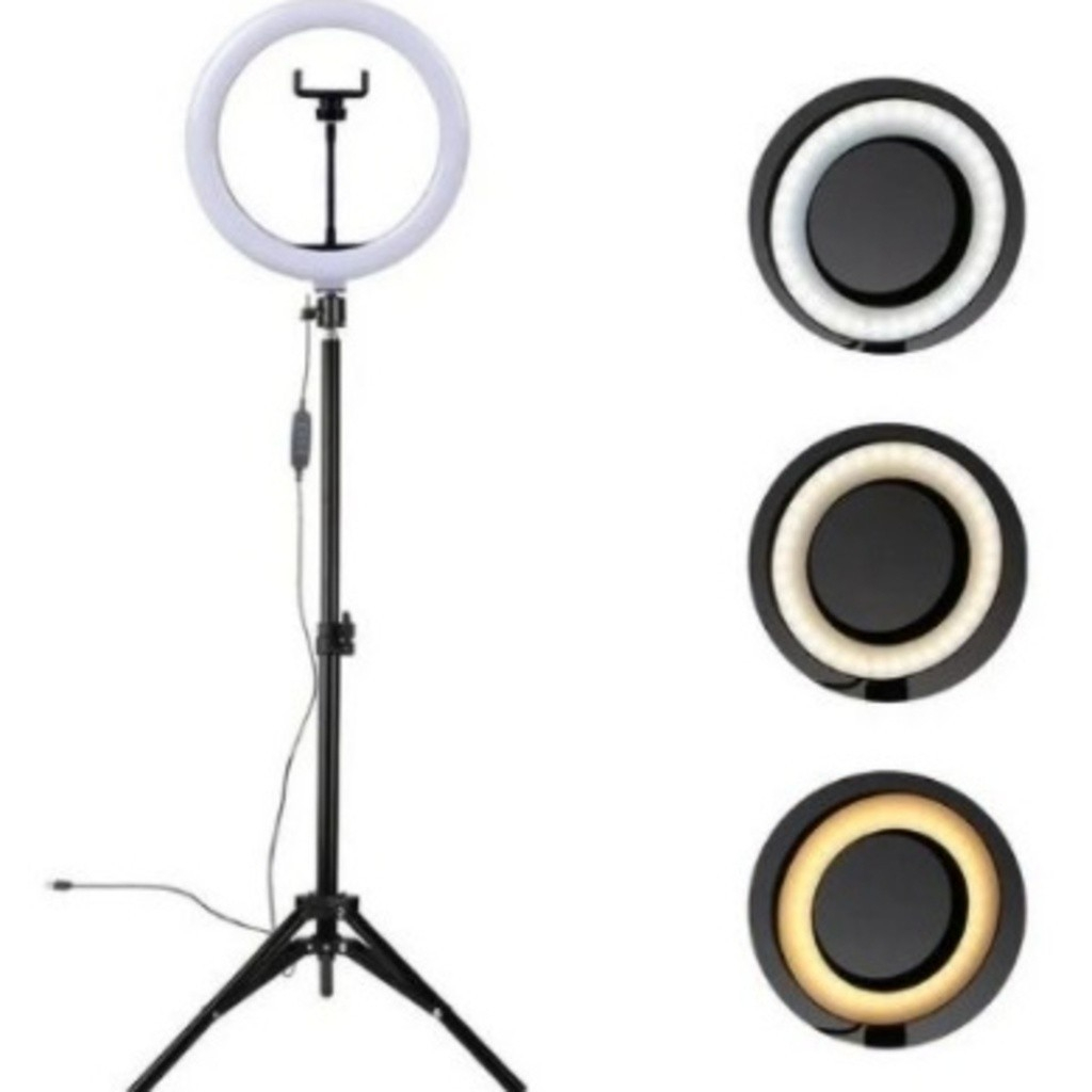 Suporte para selfie com luz anelar de 30 cm, luz de preenchimento LED regulável, tripé de 2,1 m, lâmpada com suporte par em Oferta na Shopee