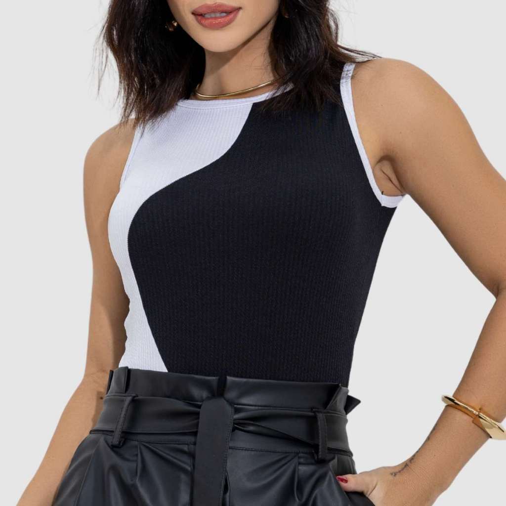 Body Feminino Regata Listrada Algodão Anarruga Bicolor Onda