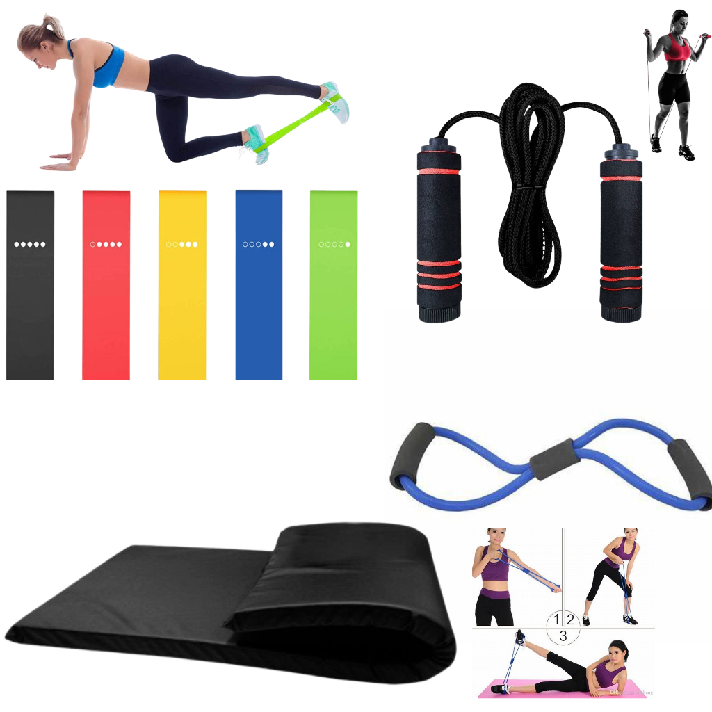 kit Ginástica Colchonete + 5 Mini Band + Corda de pular + Elástico de Tensão Exercício Em Casa