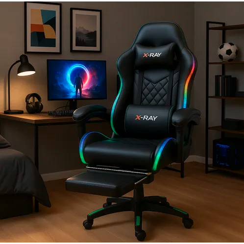 Imagem Cadeira Gamer X-Ray LED RGB e Apoio para os Pés Ergonômica, Reclinável, Almofadas Lombar e Cervical