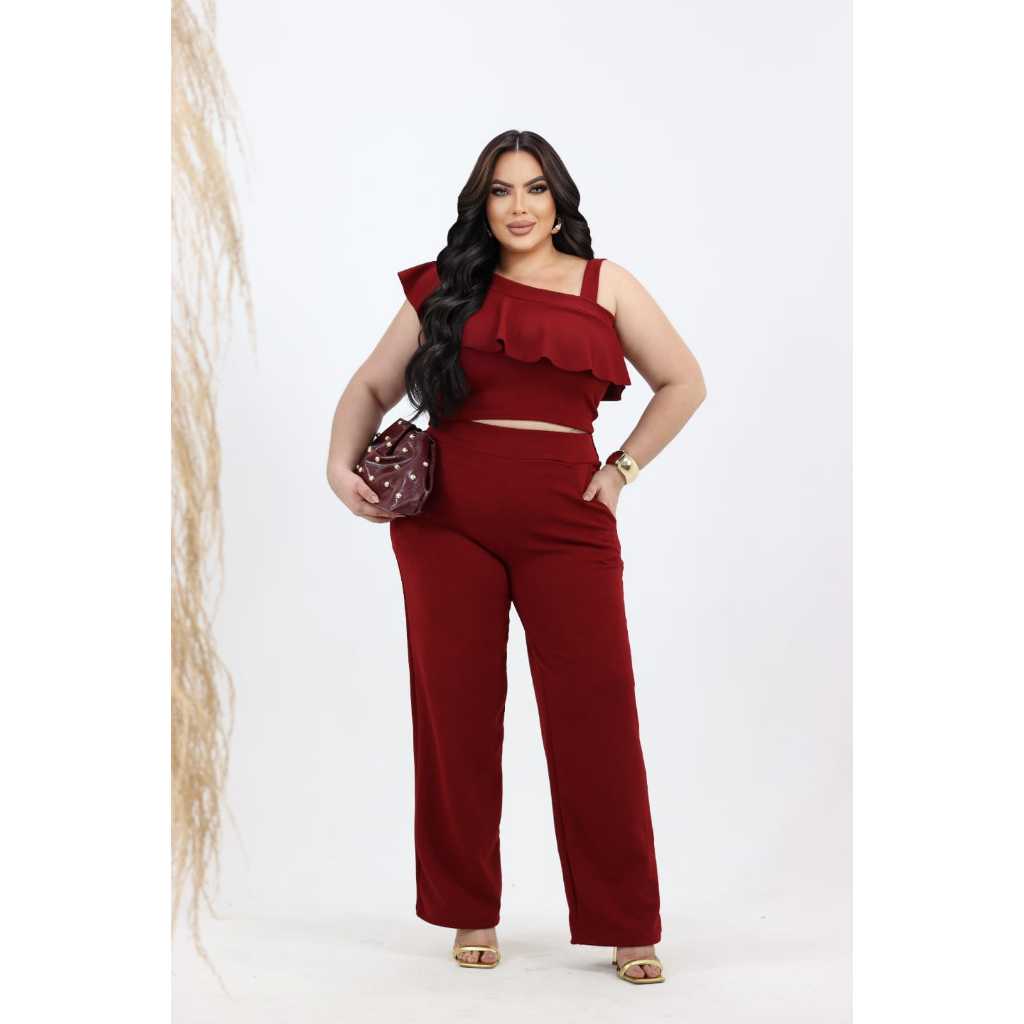 Conjunto Feminino Plus Size GG Calça Flare e Cropped Modinha Elegante
