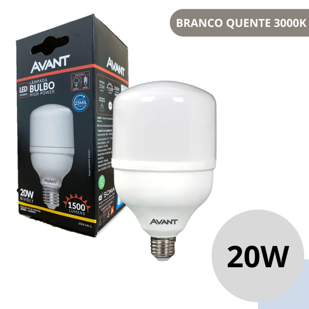 Lâmpada Led Bulbo E27 20w 3000k Branco Quente Bivolt Avant Sala Cozinha Quarto Churrasqueira
