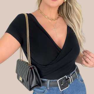 Blusa Feminina Transpassada Manga Curta Blusinha Casual Elegante Dia a Dia Cores Lisas em Oferta na Shopee