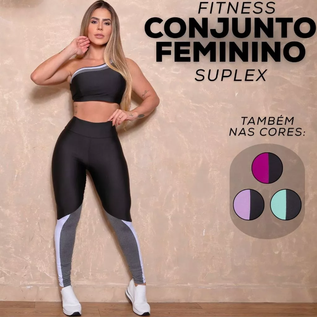 Conjunto Fitness Feminino Top Sem Bojo Ombro Só Conforto Calça Modela Cintura Recortes Coloridos — imagem 1