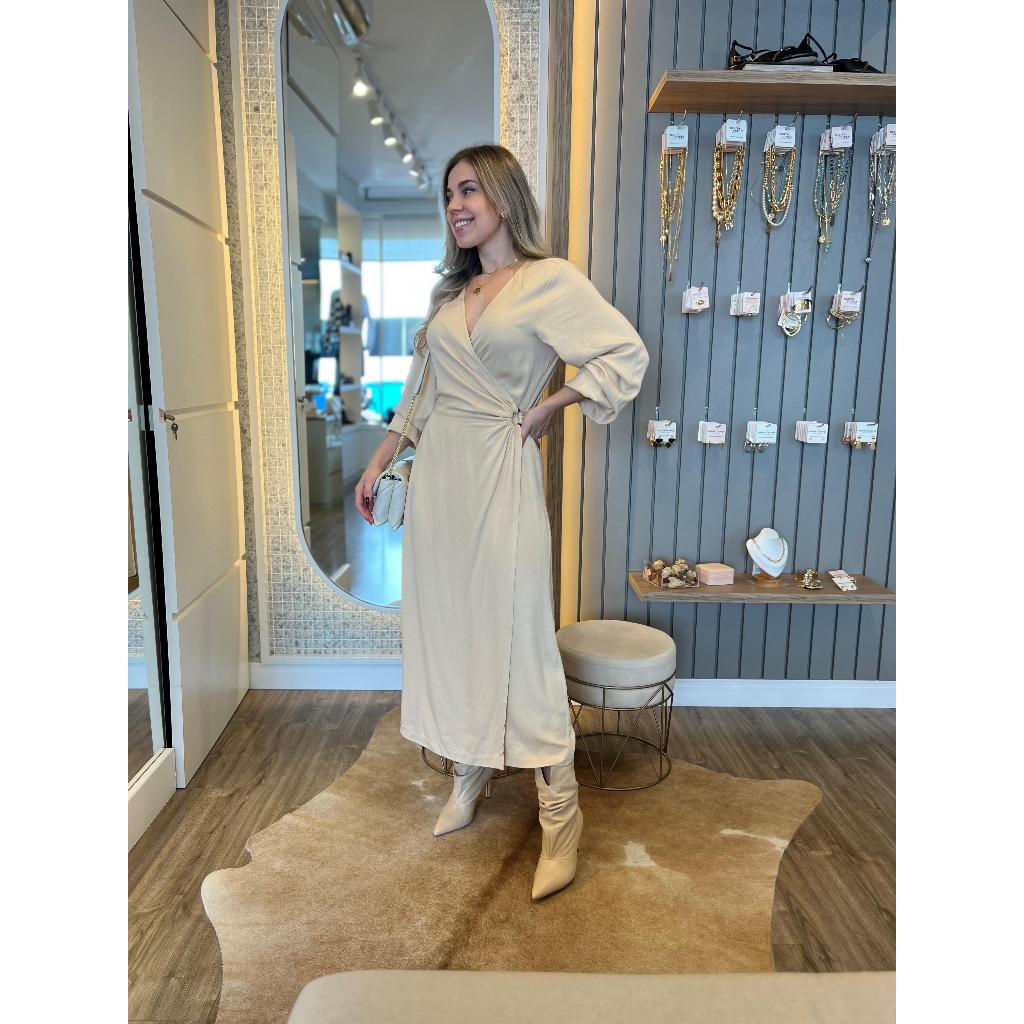 VESTIDO FEMININO MIDI TRASPASSADO COM ARGOLA LINHA PREMIUM
