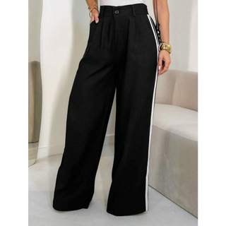 REF: MK002-MK003, Calça Pantalona, Listras Nas Laterais, Cintura Alta, Tecido Marrante