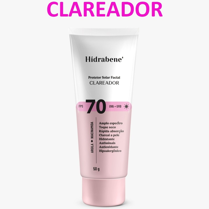 Hidrabene Protetor Solar Facial Clareador FPS 70 Toque Seco Antissinais Clareia a pele 50g