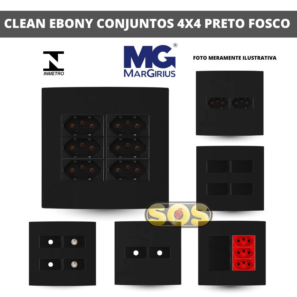 CONJUNTO 4X4 TECLAS SIMPLES PARALELO TOMADA 10A 20A TAMPA CEGA CLEAN EBONY PRETO FOSCO MARGIRIUS