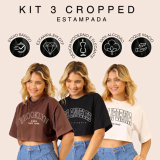 Kit 3 Camiseta Cropped Algodão Oversized Estampada Estilosa em Oferta na Shopee