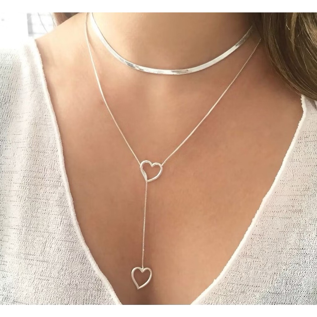 Kit 2 colares femininos vazados de coração duplo + colar Choker banhado a prata 925 em Oferta na Shopee