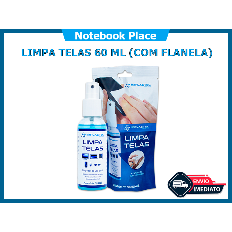 Limpa Telas Implastec Clean 60ml (COM FLANELA) Limpador Tela Celular Monitor Tv Limpa Óculos Remove Mancha