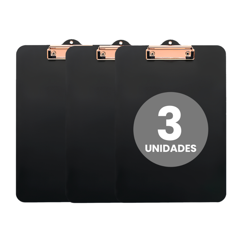 Prancheta A4 MDF Preta com Prendedor de Metal Kit 3 unid Ideal para Papelaria, Escritório e Estudo