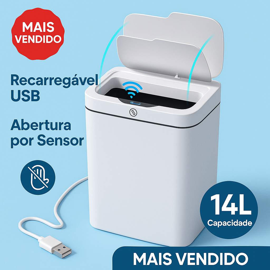 Lixeira Automática Inteligente Retangular 14Litros Cesto de lixo Sensor Proximidade 3 Modos - Branca