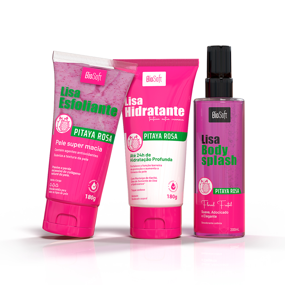 Kit Esfoliante + Hidratante + Body Splash - Banho Premium Pitaya Rosa Bio Soft