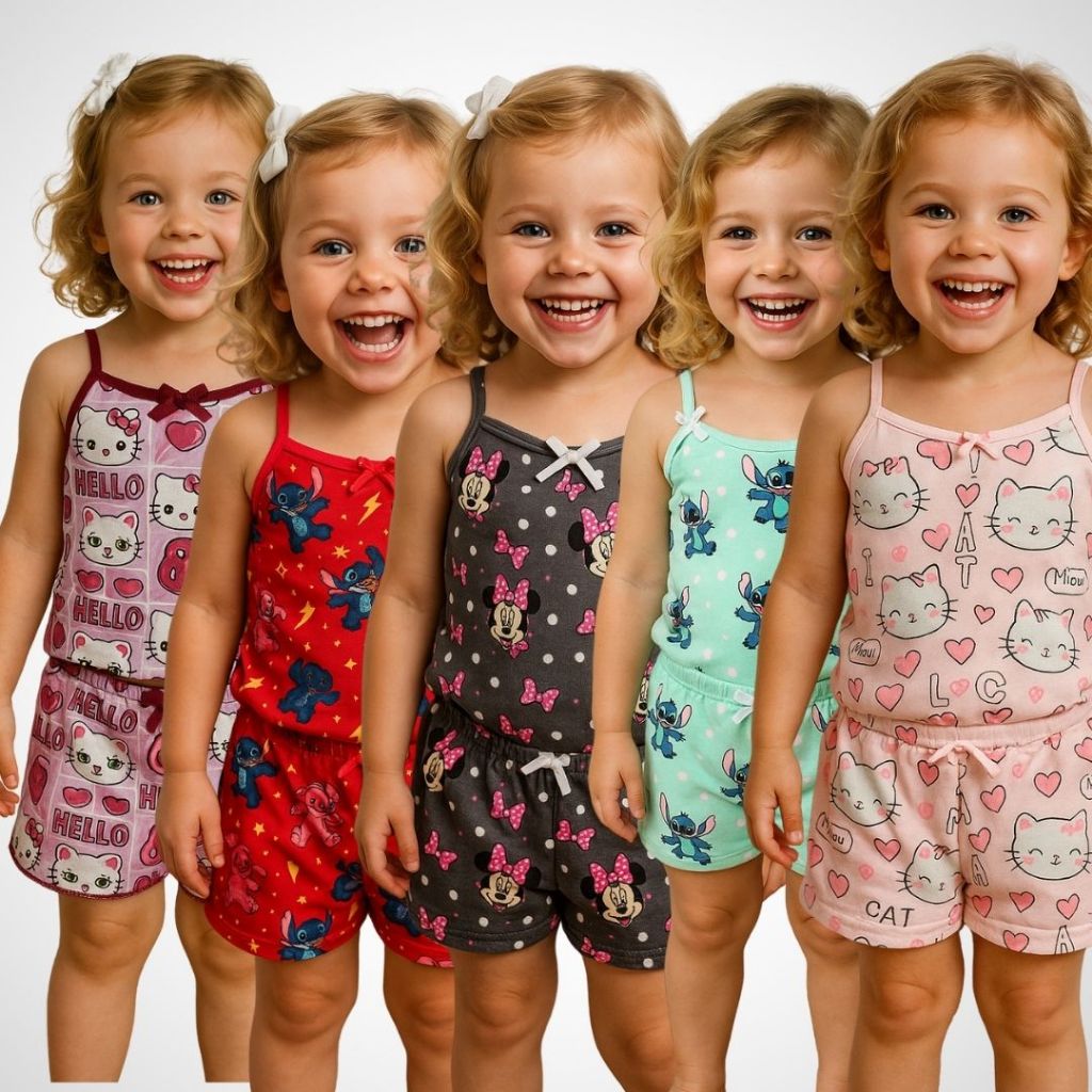 KIT 5 Pijamas Infantil Menina Baby Doll Estampado Com Short Roupa De Dormir em Oferta na Shopee