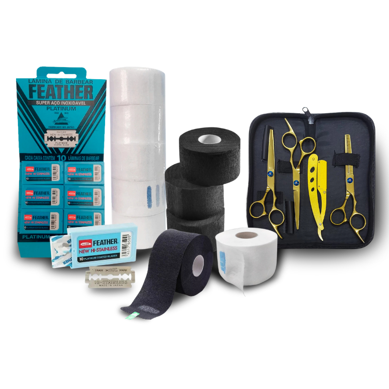 Kit Gola Higiênica + Tesouras profissionais + Cartela Lâmina feather