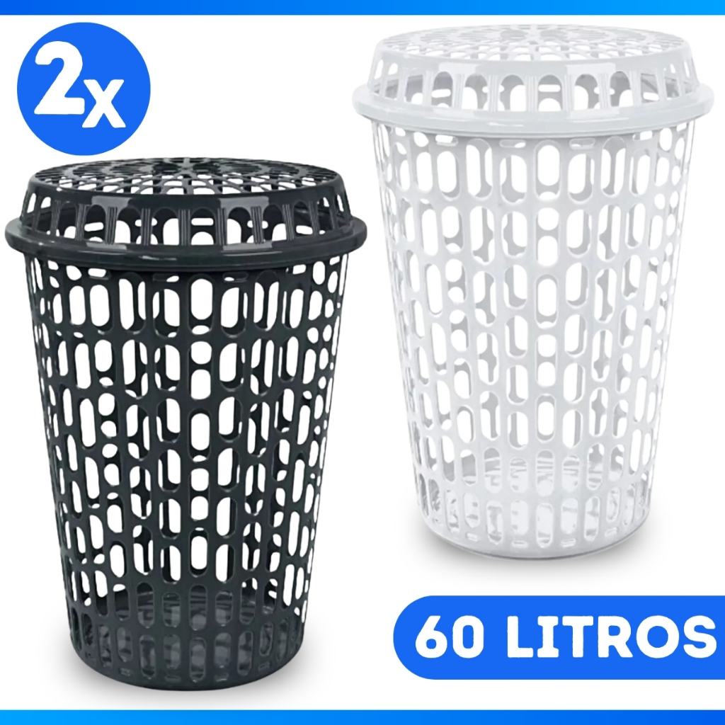 Cesto de Roupas Telado 60 Litros Com Tampa Preto ou Branco - OFERTA em Oferta na Shopee