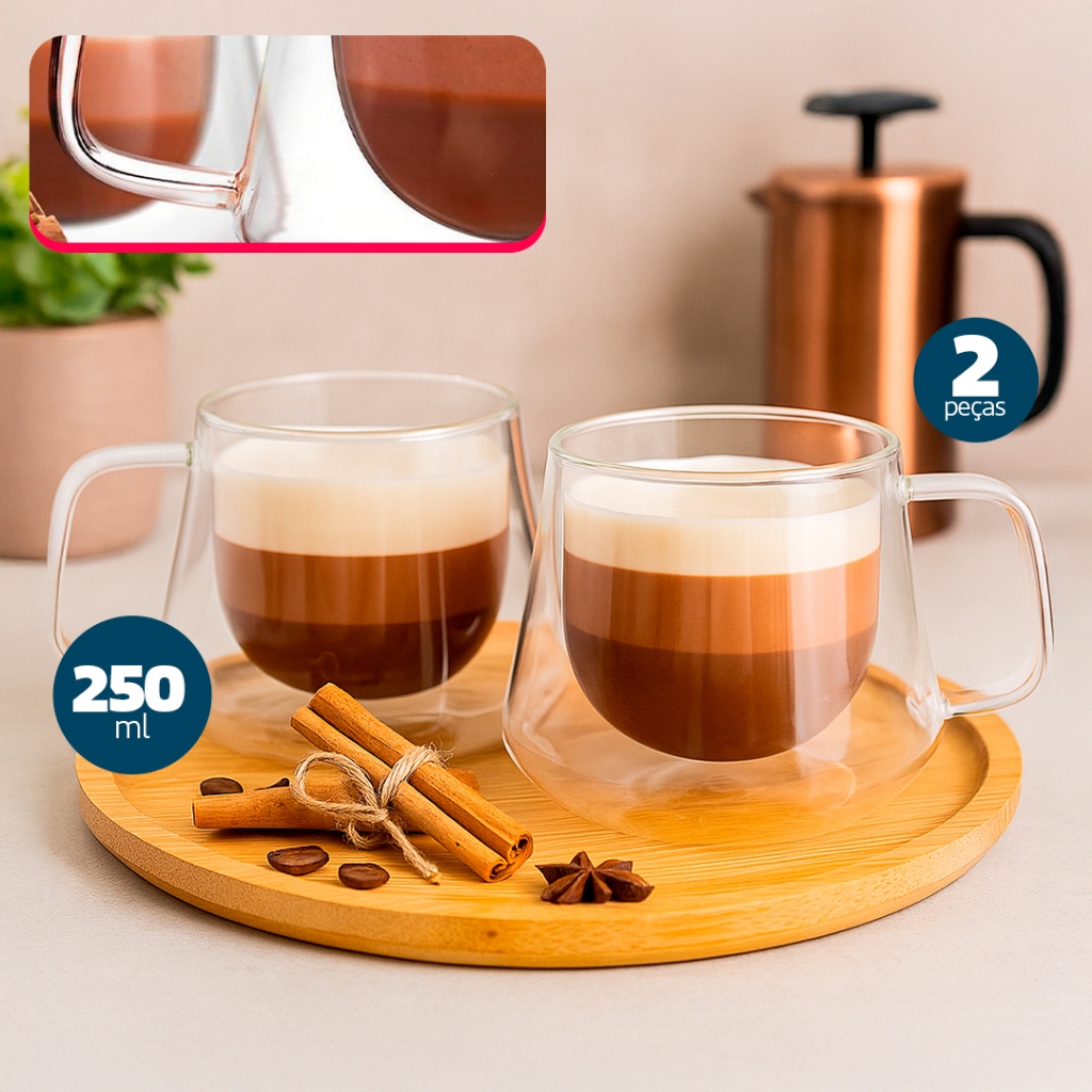 Canecas Vidro Parede Dupla 250ml Chá Café Par - Dolce Home