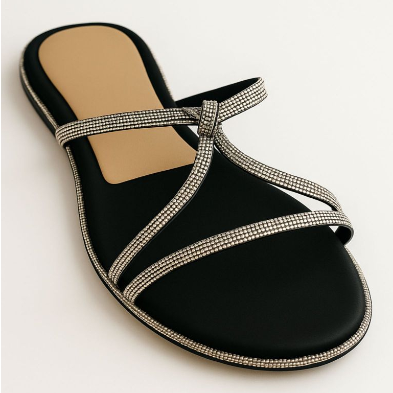 Sandália Rasteira com Tiras Brilhantes e com Brilho na Sola Confortável