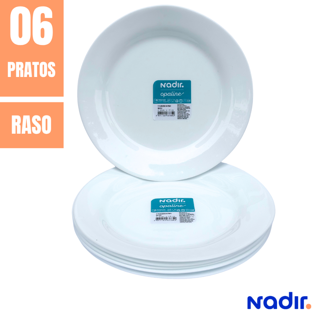 Prato Raso Opaline Menu Branco Kit 6/12 Vidro Temperado Resistente
