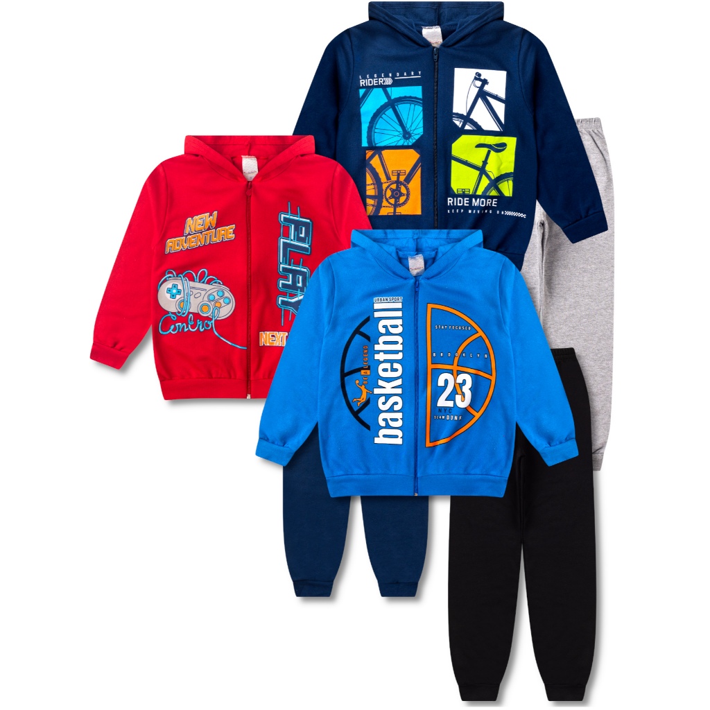 3 Conjuntos de Moletom Juvenil Masculino Roupa Inverno Menino 6 Peças - 3 Agasalhos e 3 Calças