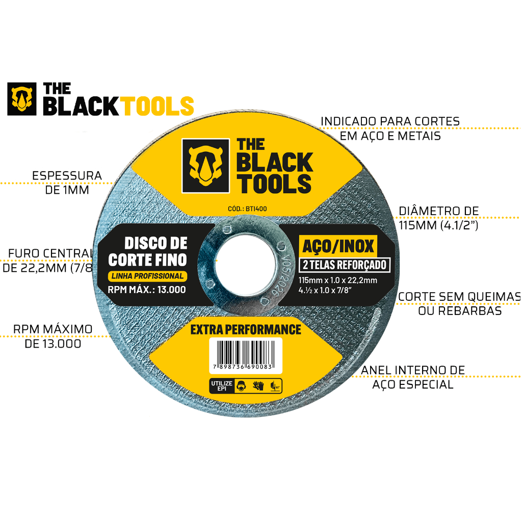 Detalhes do Disco Corte Fino Inox 4.1/2 X 1,0mm Esmerilhadeira 25 Peças The Black Tools