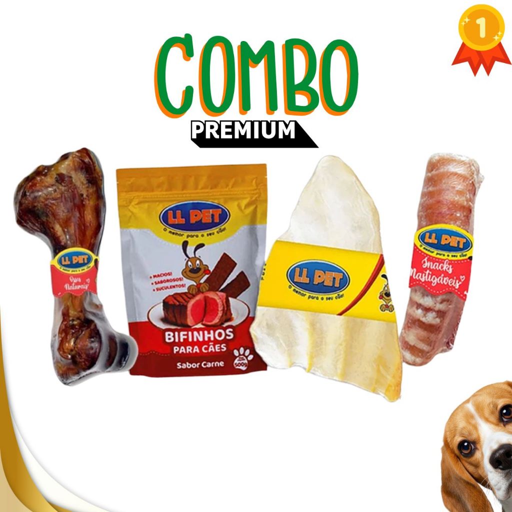 Petisco Natural Mordedor Combo Premium para Cães(Orelha e Traqueia Bovina, Fêmur Suíno,  Bifinho)