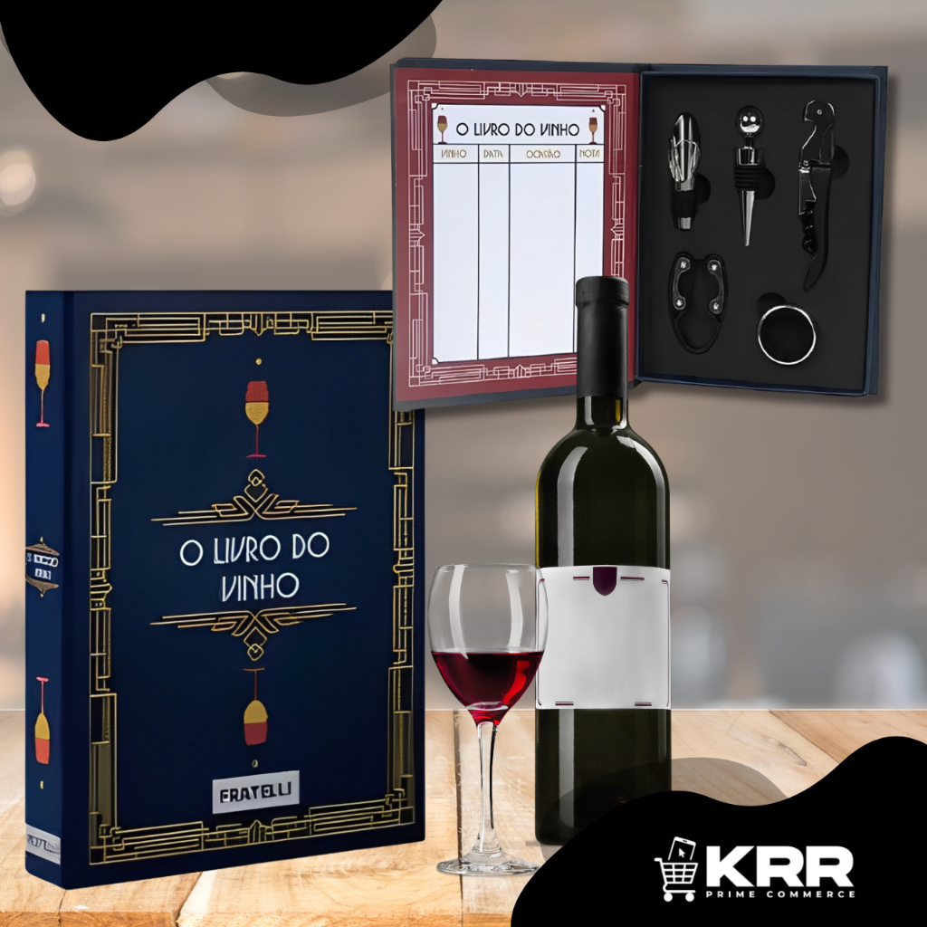 Kit Sommelier 5 Peças Luxo Livro do Vinho Formato Caixa – Saca Rolhas Tampa Cortador Inox e Dosador