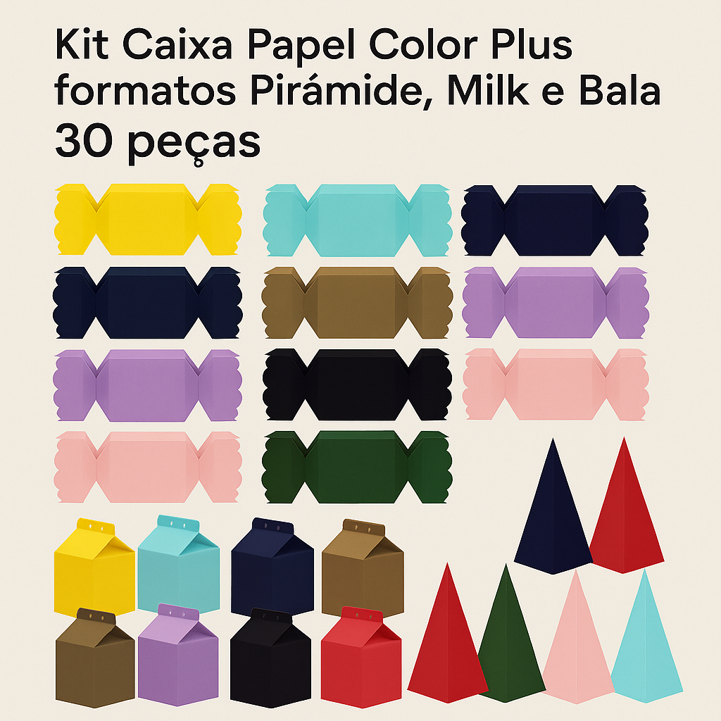 Kit Caixas Papel Color Plus Fosco 30 Unid | Modelos Bala, Milk e Pirâmide p/ Festas e Lembrancinhas em Oferta na Shopee