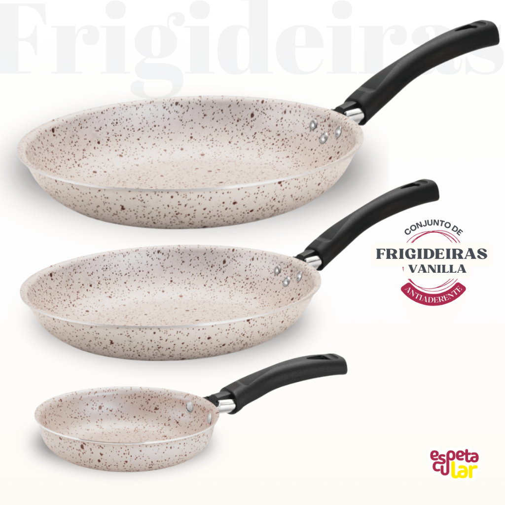 Jogo 3 Frigideiras Antiaderente Teflonada Bege, Cinza Grafite ou Vermelha