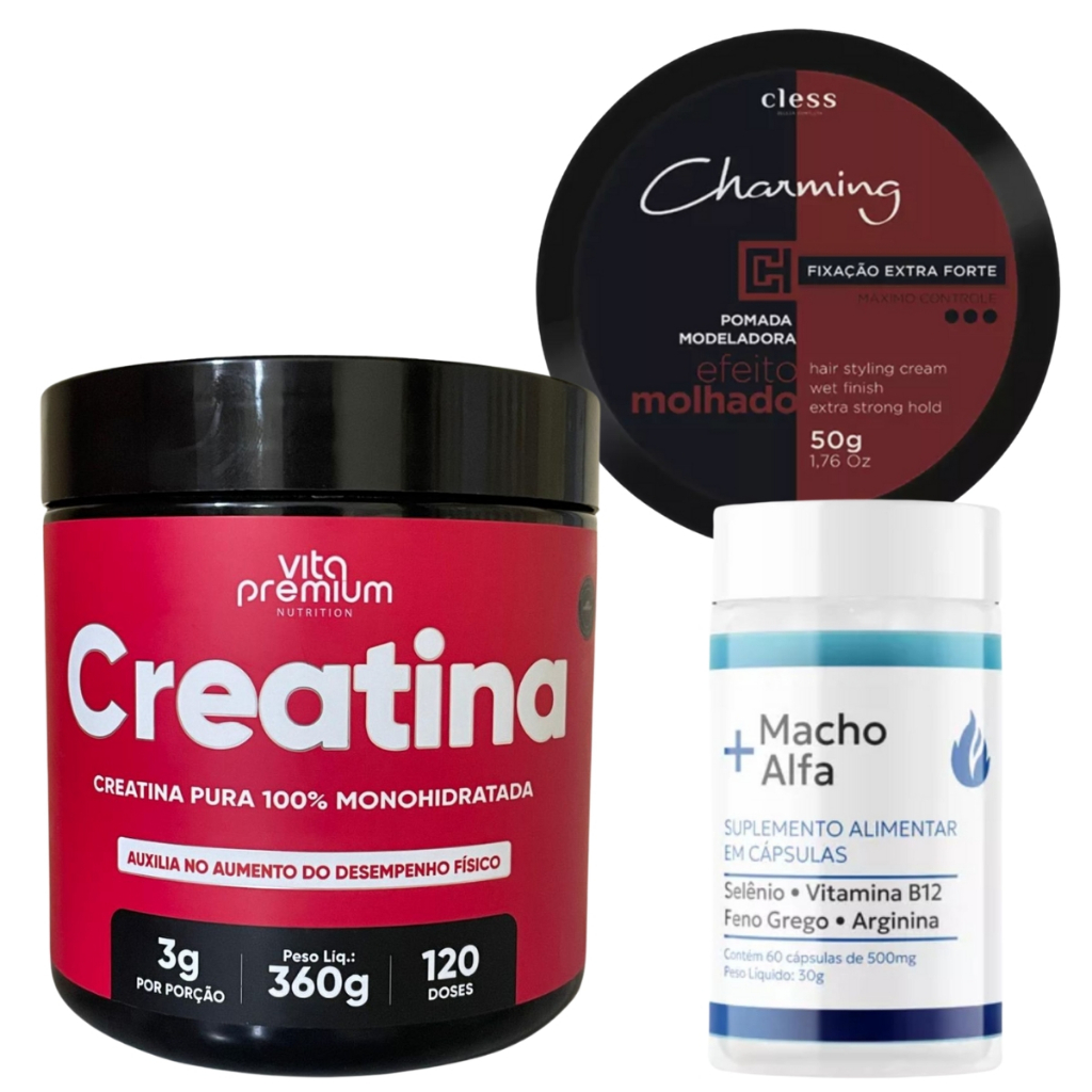 Kit Macho Alfa + Creatina + Pomada Modeladora Efeito Molhado