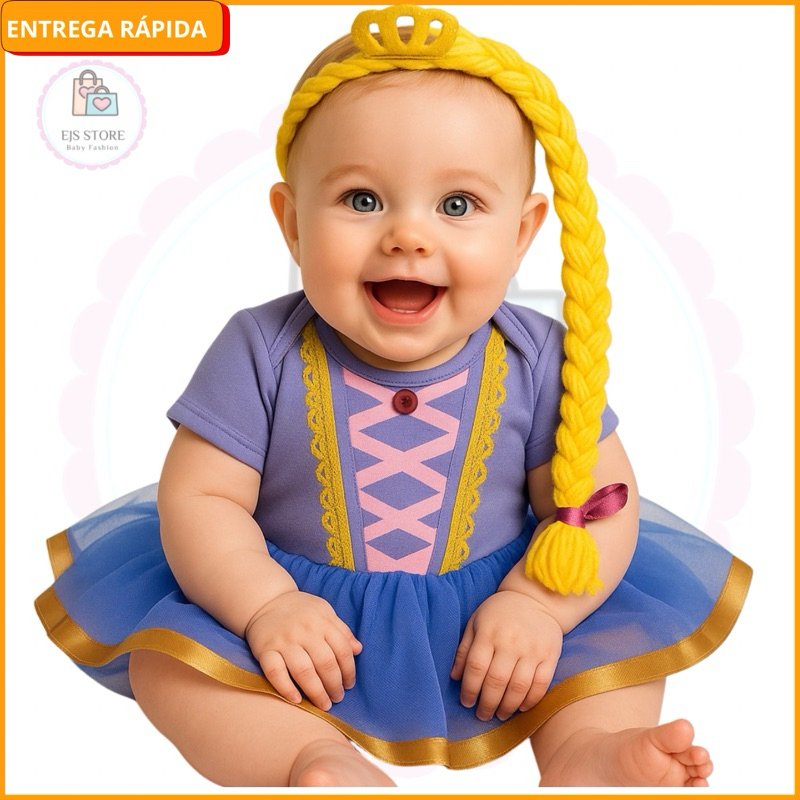 Body + Saia + Tiara Bebê Fantasia Mesversario Menina - Princesa Rapunzel