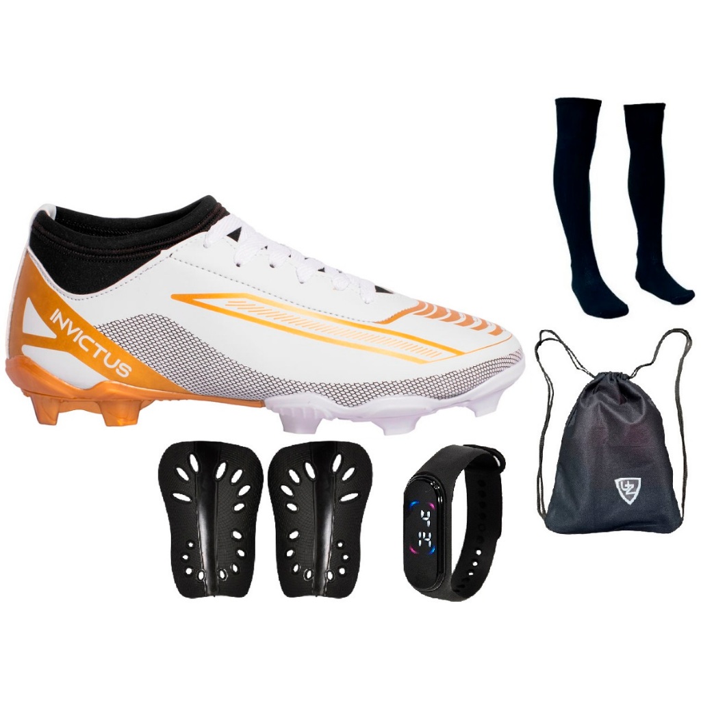 Chuteira Campo Invictus Botinha Cano Médio Original Uzze Sport Meião Mochila Caneleira Relógio