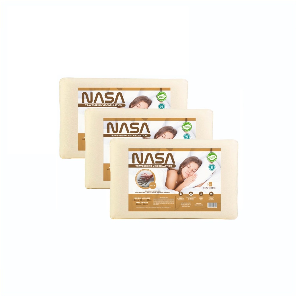 Kit Com 3 Travesseiro NASA-X Original Viscoélastico Antialérgico Antiácaro Macio Confortavel