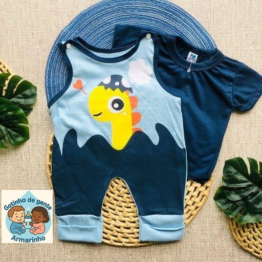 Conjunto Macacão + Camiseta Dinossauro Jardineira Urso Bebe Menino Vira Pé Temático Tam RN a 03 Meses