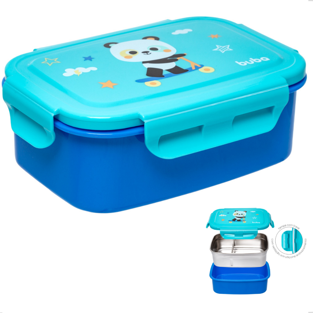 Lancheira Marmita divisoria Bento Box BubaZoo Panda Azul Lanche lanchinho Pote Papinha Aço Inox Buba