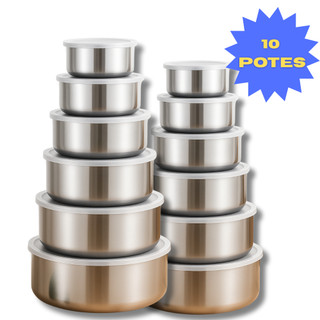 Jogo 10 Potes Tigelas em Inox Alumínio Com Tampa Redondo
