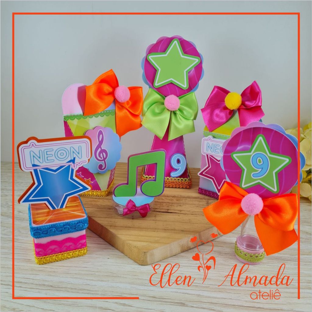 Caixas Personalizadas Neon-Lembrancinhas Neon-Kit Festa Neon-Papelaria Personalizada Neon-Festa Neon-Pegue e Monte Neon