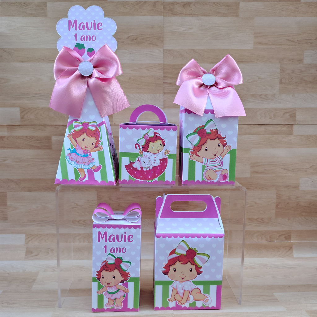 PEGUE E MONTE Kit Caixinhas Personalizadas para Festa Moranguinho Baby Rosa Caixas para Lembrancinhas de Aniversário