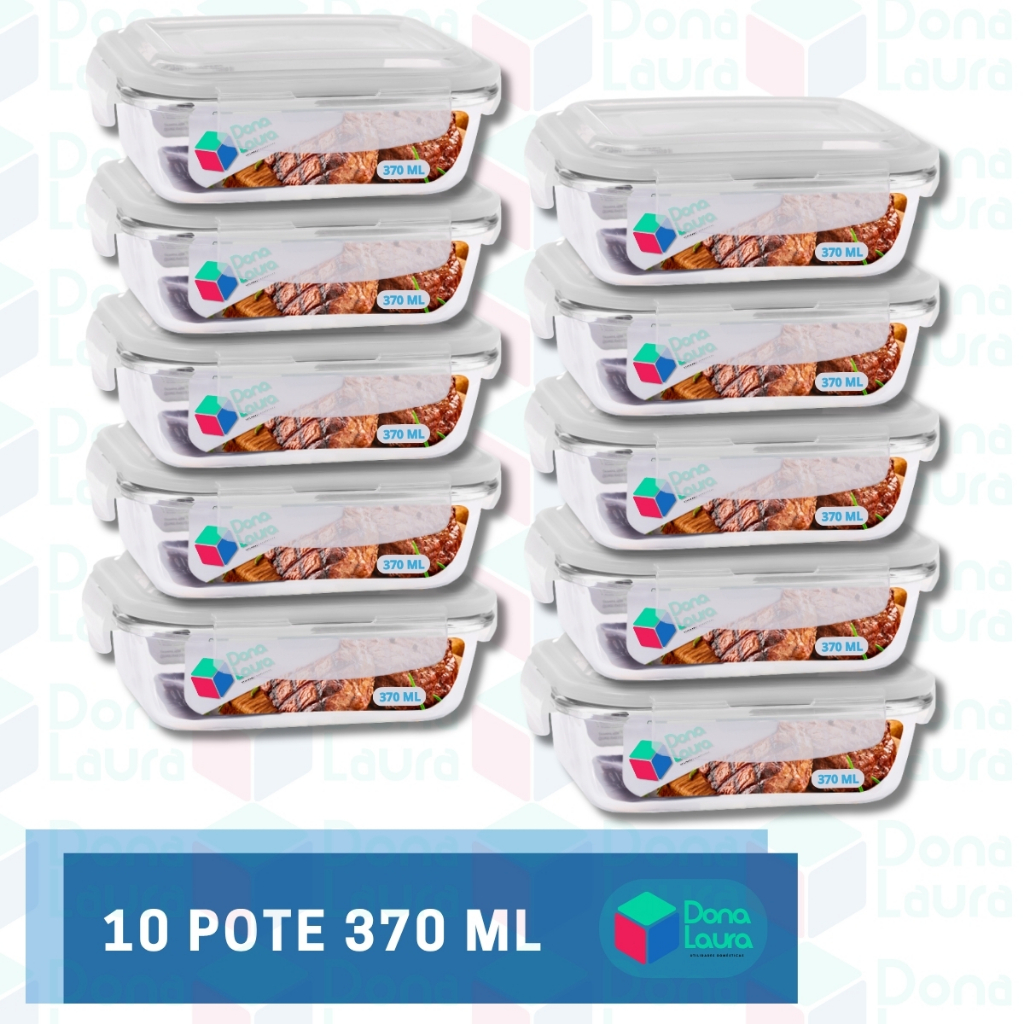 Conjunto 10 Potes Vidro Hermético mantimentos marmita 370ml