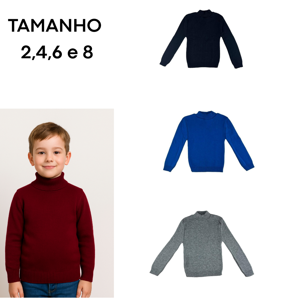 Blusa de lã infantil menino gola alta lisa frio/inverno suéter lançamento novidade do 2 ao 8