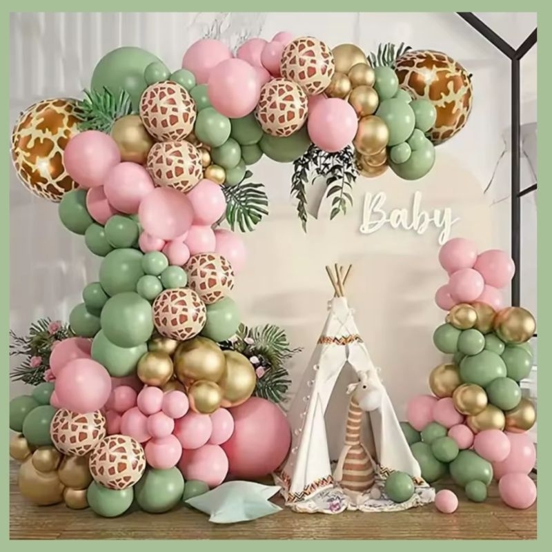 Kit 116 Safari 4D Balões estampados+fita+cola balões safari verde com dourado balões verde com rosa