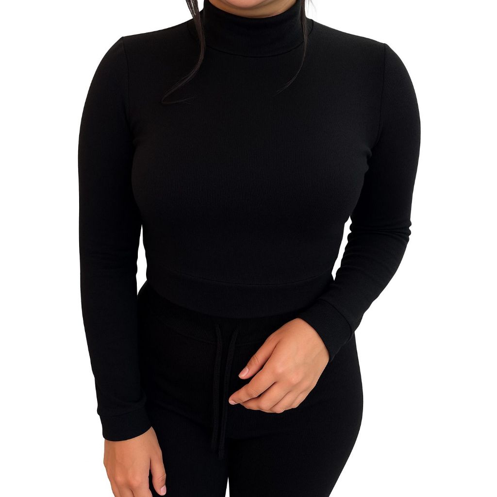 Cropped Gola Alta Feminino Casaco Manga Longa Tecido Lanzinha Macio Confortável Estiloso  Tendência.